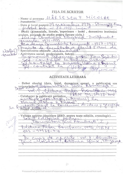 M-1298-1 - Fisa de scriitor HÂRSESCU NICOLAE